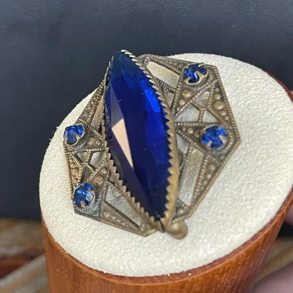 Antique Art Deco Antiqued Bronze Blue Glass Rhinestone Pin Brooch C Clasp